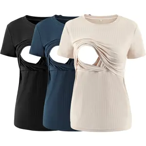 Ecavus Women's Ribbed Short Sleeve Maternity Nursing Tops - Fitted Silhouette Breastfeeding Shirts, 3-Pack Maternity Clothing, Pregnancy Clothes