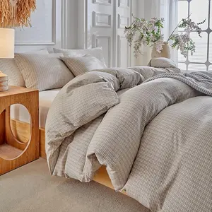 Grid  Duvet Cover Set - Taupe Plaid Checkered Washed Microfiber Comforter Cover Set, 3 count Soft Reversible Bedding Set(Taupe,)