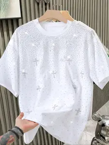 Men's Oversized Rhinestone Bling T-Shirt, Short Sleeve Crew Neck, Sparkly Star Pattern, Loose Fit Streetwear Casual, S-Xxl