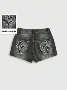 Y2K High-Waisted Cross Rivet Denim Shorts, Trendy Y2K Style, Vibe, Plain Pattern, Perfect for Casual Wear, Unique Fashion Statement