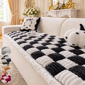 1pc Modern Thick Slouchy Sofa Cover with Checkered Plush Design, Slip Resistant, Dustproof, Pet Friendly, Fits 2-4 Seater Sofas, All Season Use, Sofa Slipcover