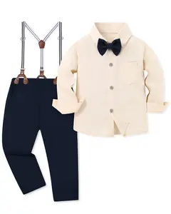 3pcs Gentleman's suit Toddler Baby Boy Outfit For Wedding Formal Dress Shirt/Bowtie/Suspender Pants 12Months-5T Christening Baptisms Clothing