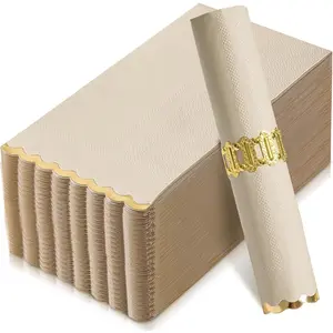 50 Pack Beige Paper Napkins Decorative, Gold Foil Scalloped Edged Elegant Guest Napkins, Disposable Dinner Napkins for Wedding, Baby Shower, Bridal Shower, Birthday Party Table Setting (4 x 8 Inches)