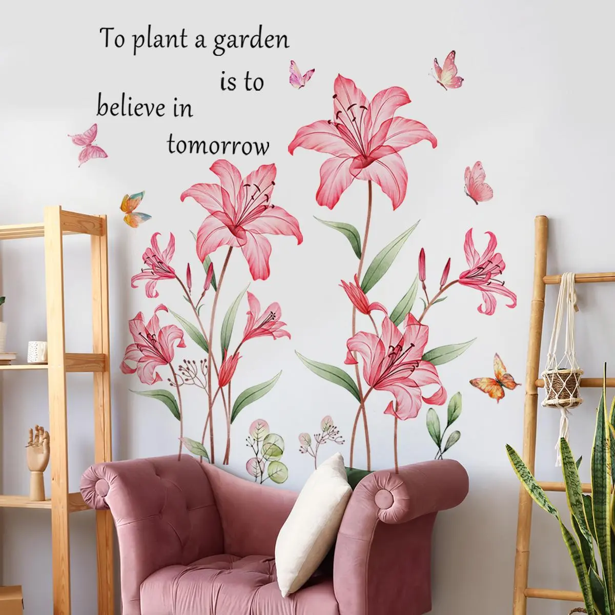Lily Flower Pattern Wall Sticker, Self Adhesive Wall Decal, Floral Wall Decals, Decorative Sticker for Home Living Room Bedroom, Wall Stickers Decor