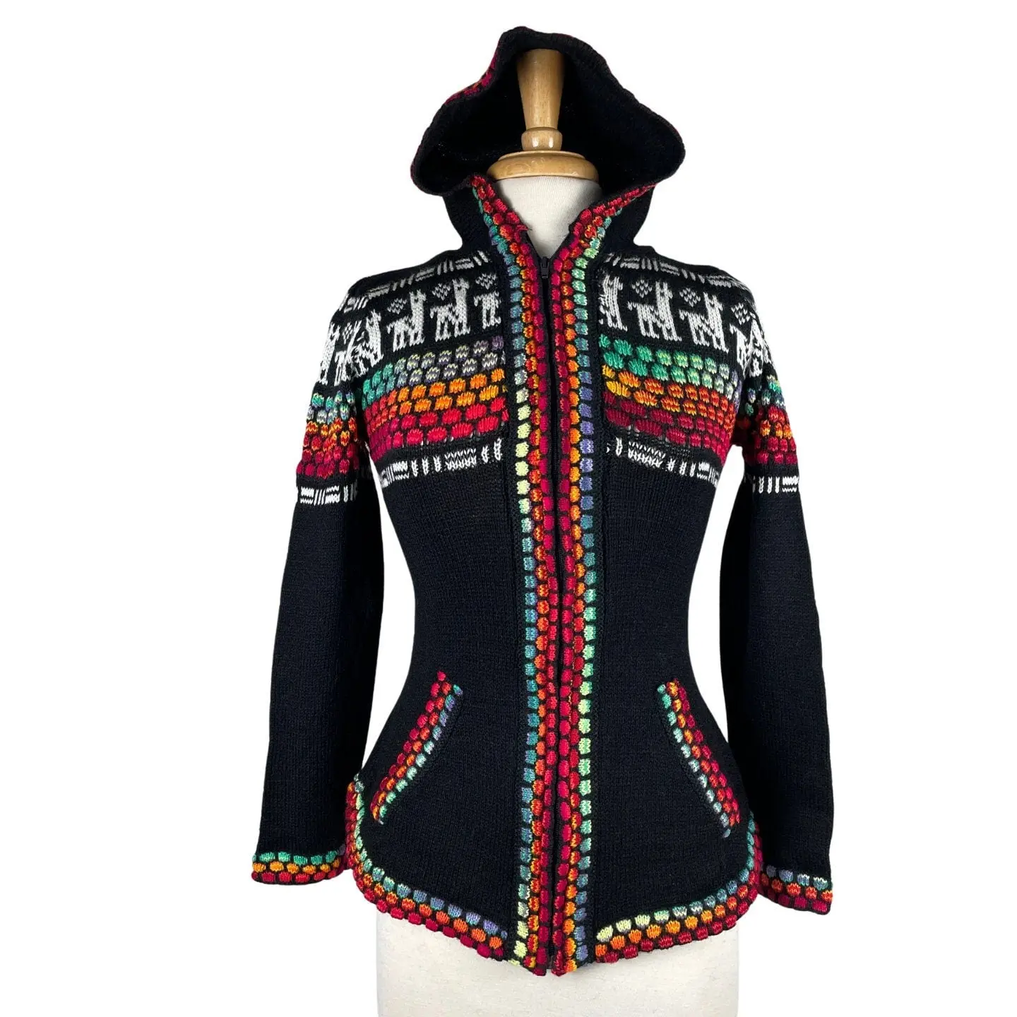 Women's Peruvian Artisan Wool Hooded Alpaca Sweatshirt - Black, Casual, Full Sleeve Winter Top, Colorful Llama Print, Zipper Front Pockets, Adjustable Hood, Fitted (Size S)
