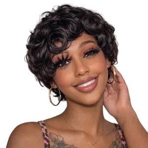 Short Curly Pixie Cut Wigs for Black Women Short Layered Human Hair Wig with Bangs Full Machine Made Easy to Style Beginner Friendly Non-Lace Short Wigs for Daily Use