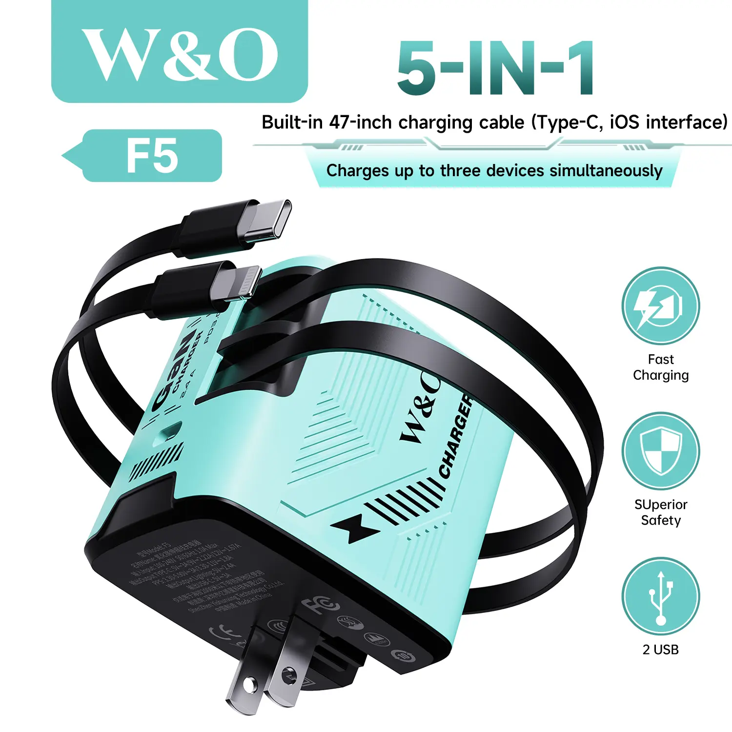 W&O 5-in-1 Compatible 120W GaN Fast Charger 3 Devices Fast Charging with 41 Inch 2-in-1 Retractable Cable USB-C and iOS Compatible, Travel Charger, Office Charger, Home Wall Charger, Smartphone Fast Charger