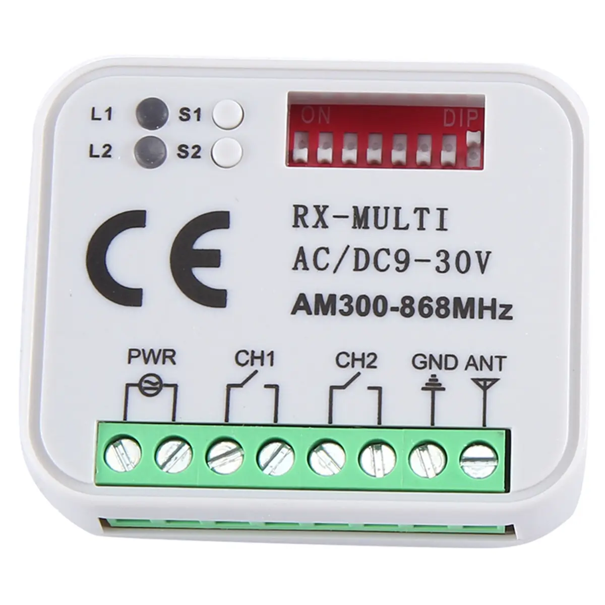 Universal RX Multi-Frequency 300-868MHz 2CH 9V-30V Metal+PVC Relay Module Receiver, 1 Receiver, Garage Control, 400 Codes, Compatible with 433.92MHz Remote Controls