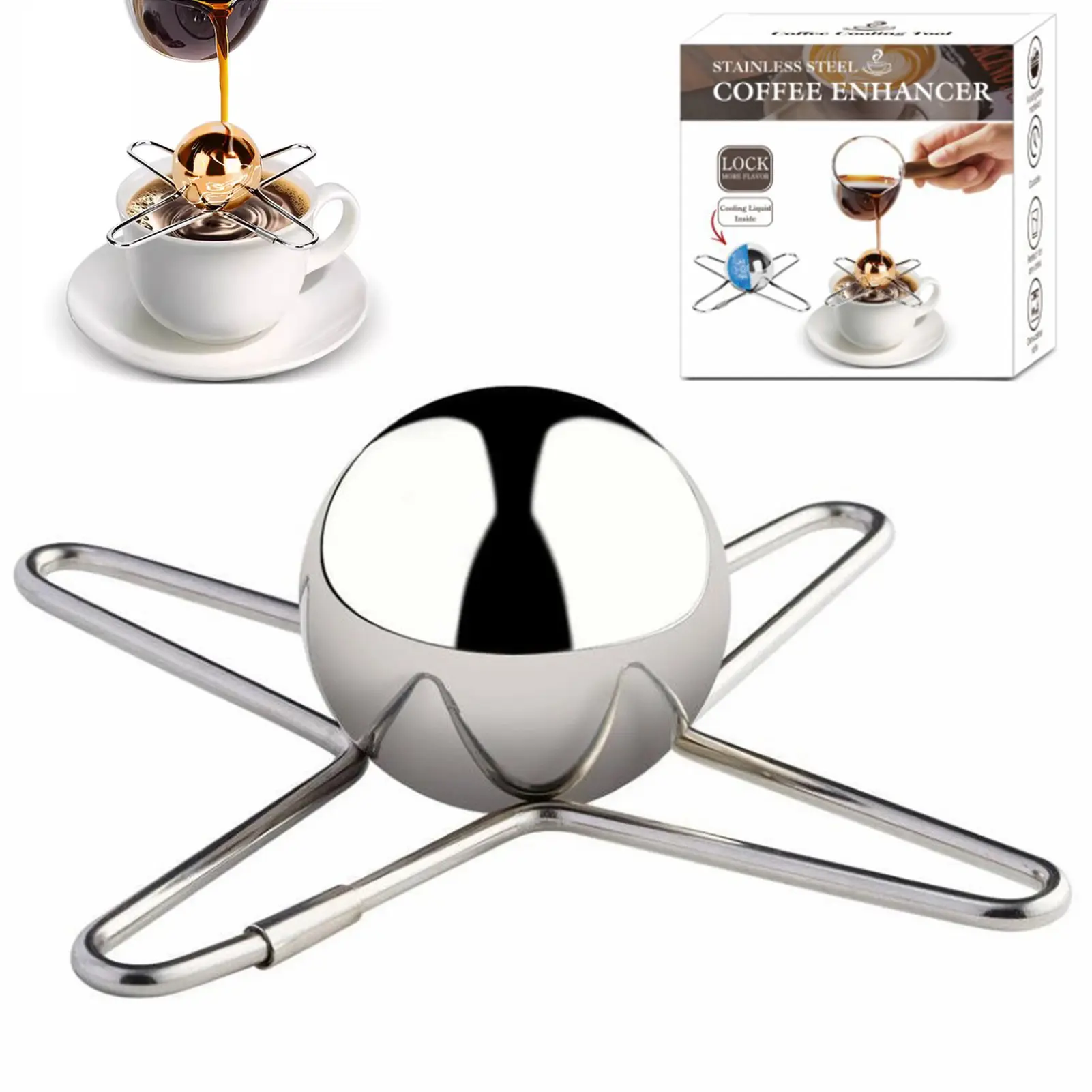 Stainless Steel Coffee Cooling Sphere Kitchen Utensils - Reusable Rapid Drink Chiller Ice Ball, Fast Freeze, No Watering Down, Ideal for Iced Coffee & Home Bar Enthusiasts