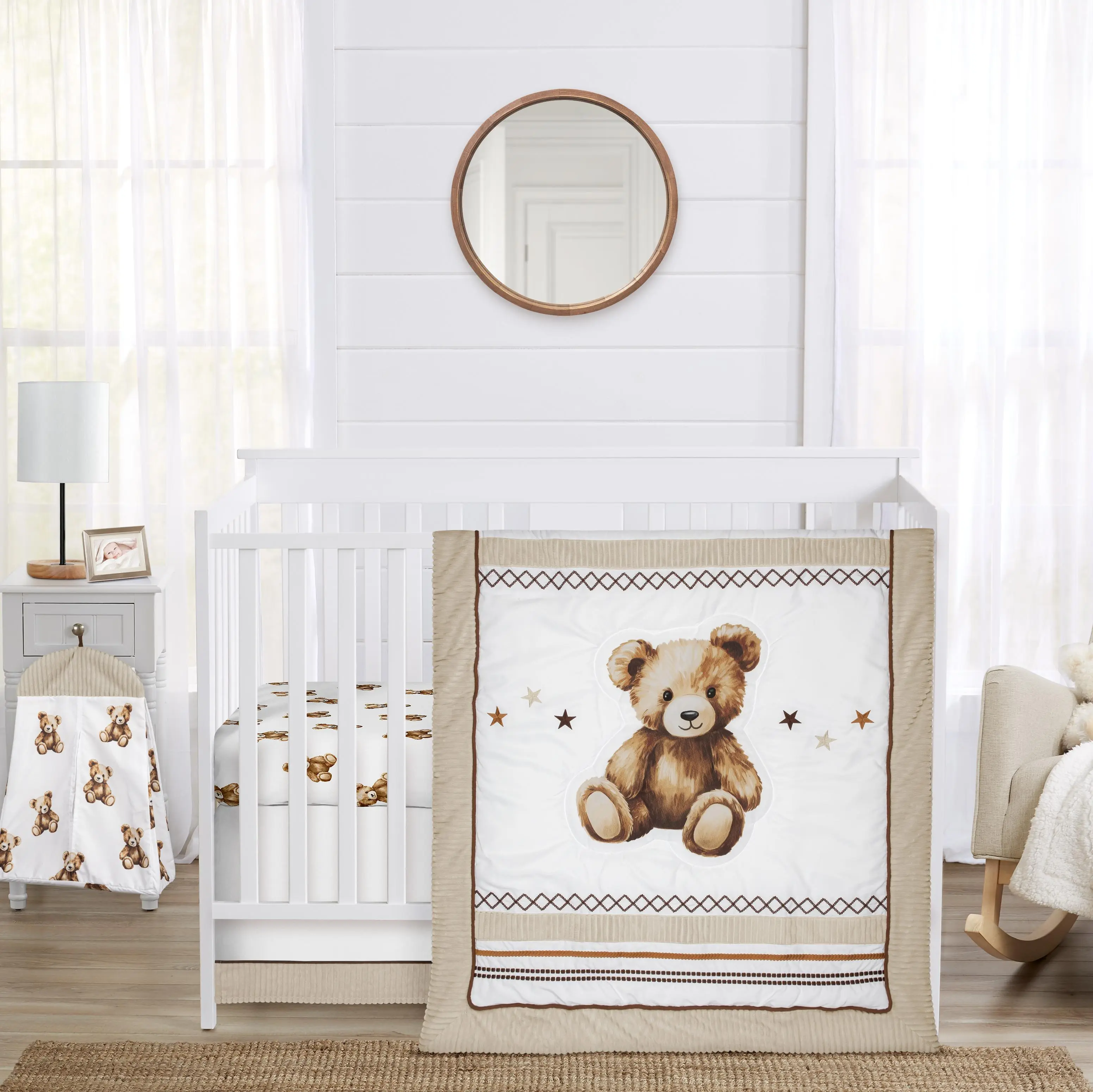 Sweet Jojo Designs 4-Piece Baby Crib Bedding Set (Boho Teddy Bear) for Boys/Girls, Infants/Nursery incl. Blanket, Fitted Sheet, Skirt, Diaper Stacker (Brown, Watercolor, Classic, Wholesome Aesthetic)