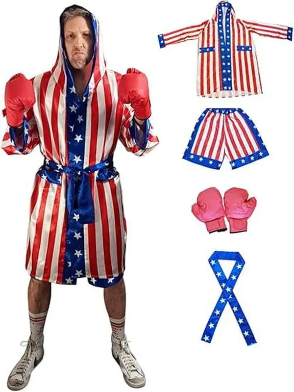 American Flag Boxing Costume - Everything Included - USA Robe - American Flag Stretchy Shorts - Stars Belt - Boxing Gloves - All in One Boxer Costume
