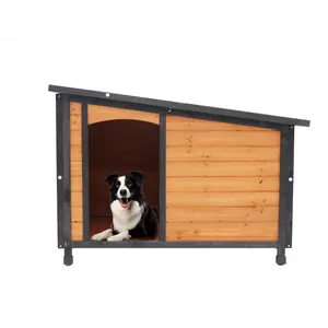 46"Dog House Outdoor & Indoor  Wooden Dog Kennel for Winter with Raised Feet Weatherproof for Large Dogs(Gold red and black)PVC waterproof roof(L)