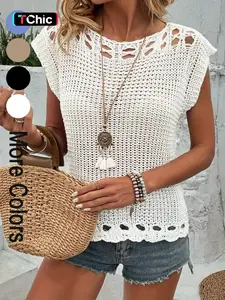 Summer Breathable Hollow Out Round Neck Knit Sweater Vest Tops, Casual Fitted Plain Color, Stylish and Comfortable, Perfect for Daily Wear