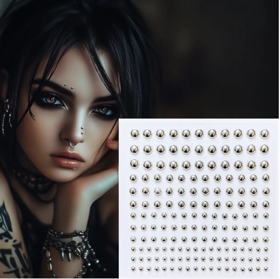 4-in-1 Stick-On Body Jewelry Set - Nose, Lip, Brow, Cheek Studs, No Piercing Needed, Urban Style, Party-Ready, 2025 Hip-Hop Accessory, Parties