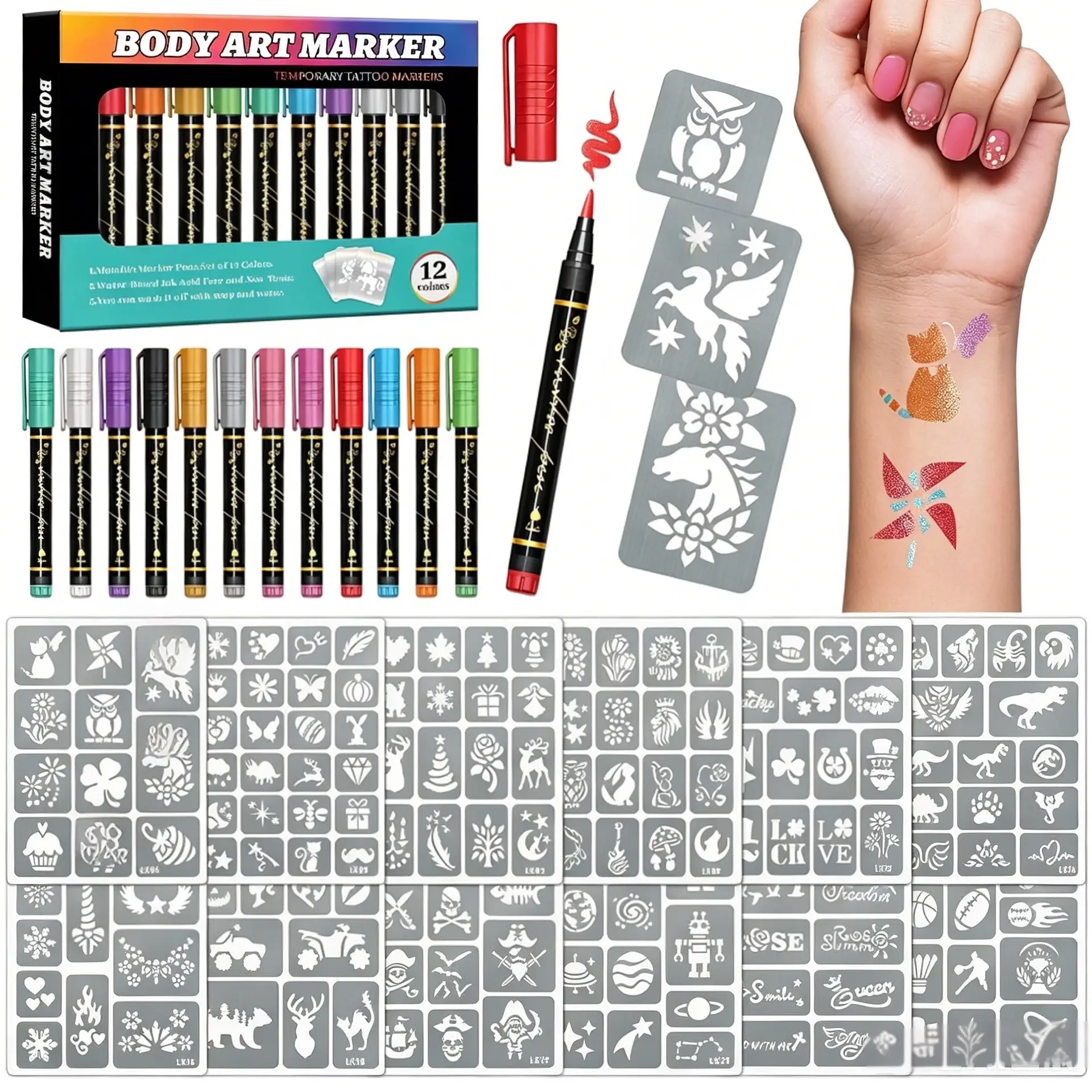 Temporary Tattoo Markers for Skin, 12 Metal Body Markers + 169 Large Tattoo Stencils for Teens Adults, Flexible Brush Tip, Bright Colors, Cosmetic-Grade Tattoo Ink, DIY Body Art Painting for Women Men