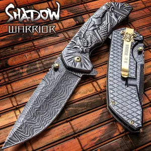 Shadow Warrior Assisted Opening Pocket Knife   DamascTec Steel Blade   Black And Gold