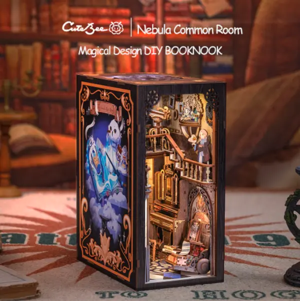 CUTEBEE DIY 3D Book Nook Kit Nebula Common Room – Miniature Sci-Fi Dollhouse, Handmade Tiny House Bookshelf Insert with Bookends and LED Light | Holiday, Christmas and Black Friday Gift
