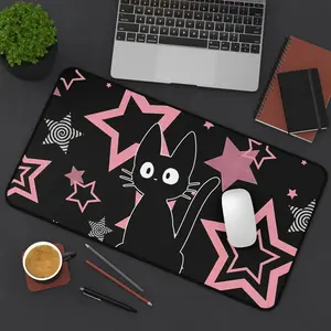 Cute Black Cat Mouse Pad With Pink Stars and Retro Spiral, Kawaii Desk Mat for Gamers