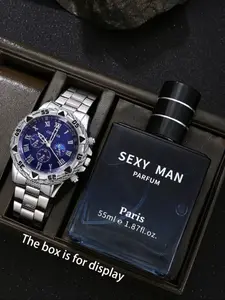 Men's Luxury Fashion Quartz Watch Set, Elegant Large Dial Design, Long-Lasting Fragrance Perfume Included, Perfect Gift for Him,Father's Day For Dad, Perfect for Business Casual Daily Wear Birthday ,Easter Day Gift, Quartz Wristwatch