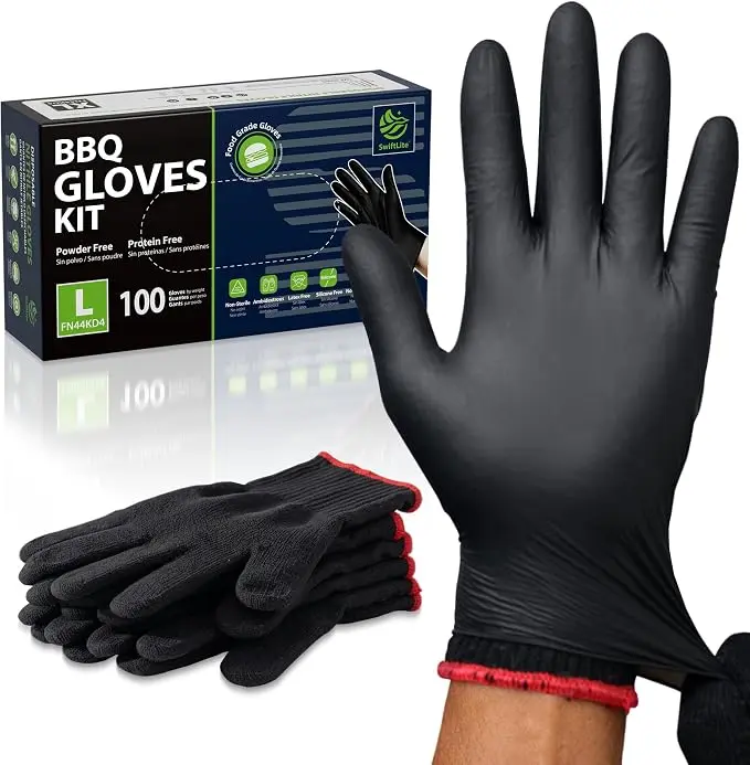 BBQ Gloves Kit, 6 Cotton Liners + 100 Disposable Nitrile Gloves | Heat Resistant Cotton Liners + Disposable Nitrile Gloves for Barbecue, Grilling, Cooking, Smoking