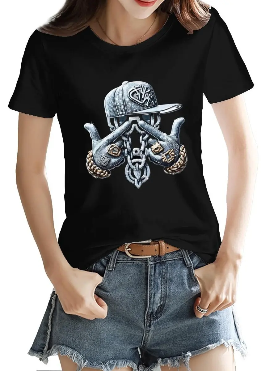 Hip Hop Chain Cap Hand Gesture Streetwear Graphic Women Cotton T-Shirt, Viral TikTok Urban Gangster Silver Metal Style Print Casual Black Short Sleeve Y2K Ladies Tee