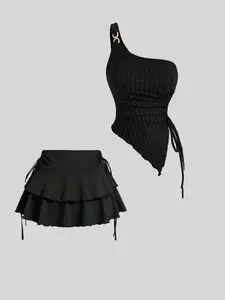 Women's Solid One Shoulder Ruched Fitted Top & Tiered Layer Skirt Two-piece Set, Elegant Chic Fashion Casual Asymmetrical Hem Top & Skirt for Daily Outdoor Wear, Ladies Outfits for Summer, Womenswear