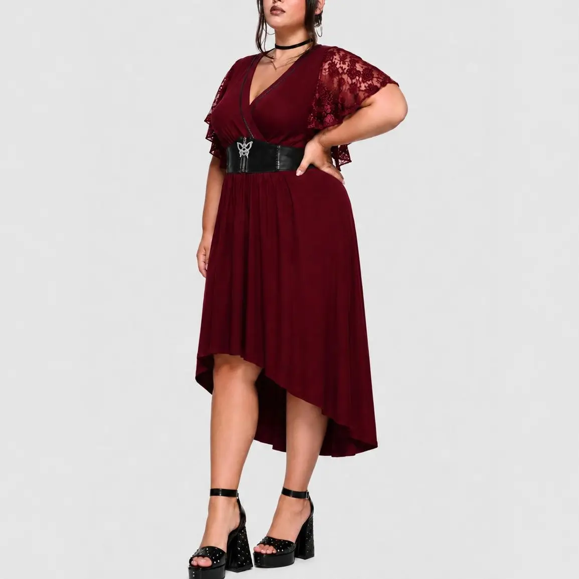 ROSEGALETTE Women's Plus Size Gothic Lace Mesh Dress, Belted A-Line Witch Costume with V-Neck and Butterfly Sleeves for Halloween, Clothes, Casual, Gothic Retro, A-Line Silhouette, Mesh Lace, Lacy, V-Neck Cut