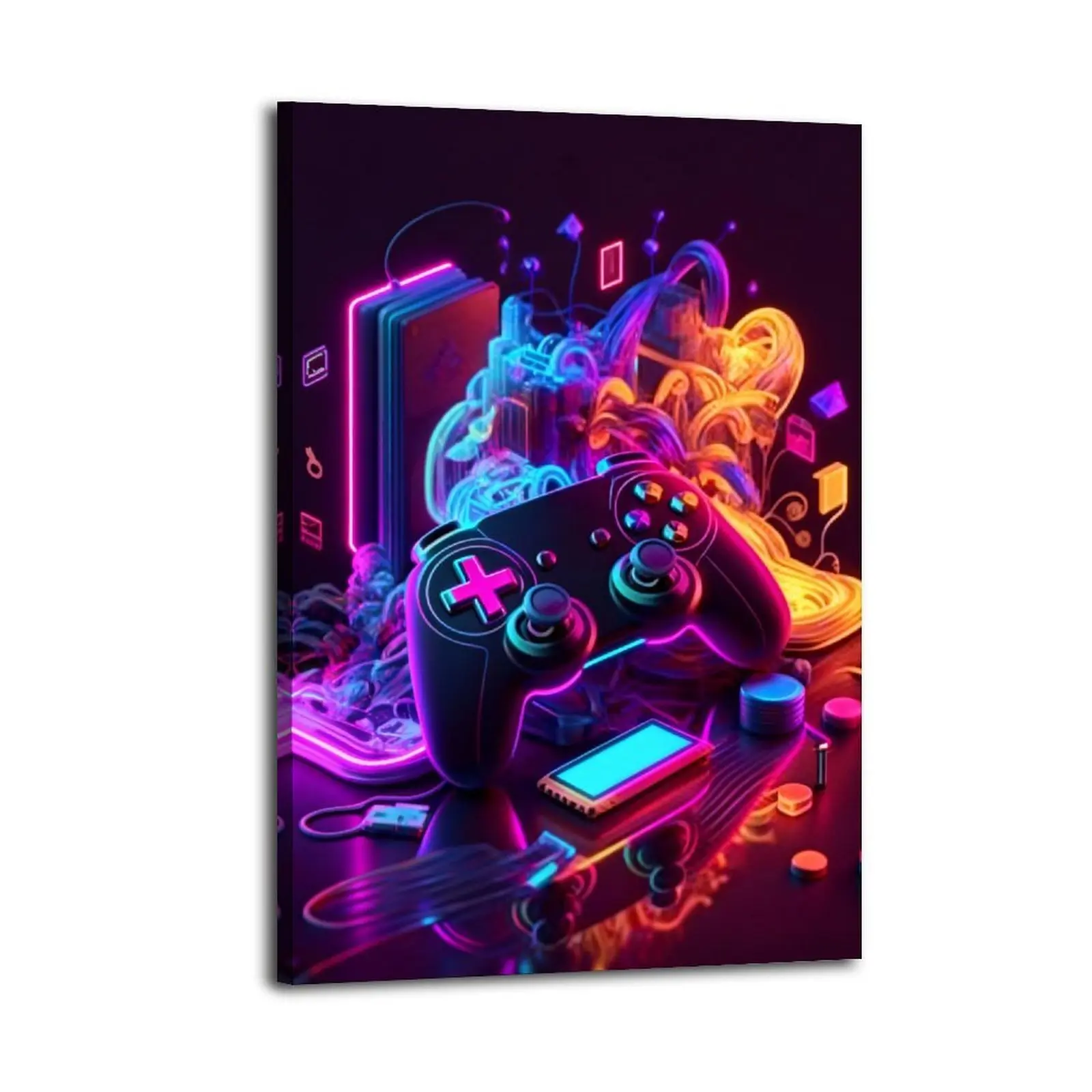 Modern Neon Gamepad-Lightsaber Wood Canvas Poster, Home Decor Ornaments, Gift for Living Room & Bedroom, Aesthetic Office Wall Art Painting Print