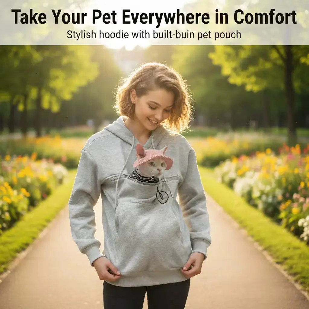 Unisex Loose-Fitting Casual All-Seasons Outdoor Kitchen Pullover Hoodie - Oversized Long-Sleeve Sweatshirt with Durable Giant Zippered Kangaroo Pocket for Cats & Small Dogs, Soft Stretchy Fabric for Hiking, Travel