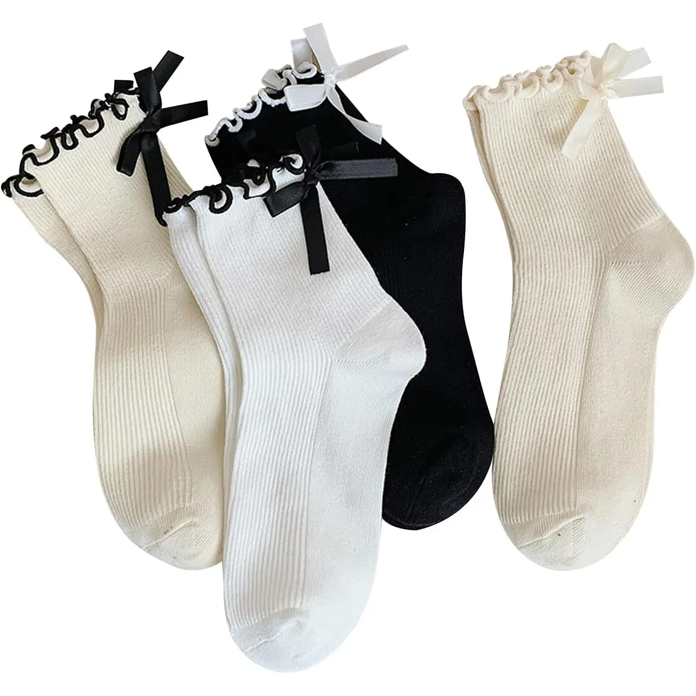 Women's Cotton Crew Socks (a 4 pairs) - Ruffled, Bow Details, Soft, Breathable, Comfortable, Snug Fit, 1 Size, Black & White, Sneaker-Boot Ready, Ideal to Match Casual Footwear, Fits Women