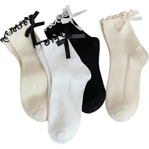 4 Pairs Womens Bow Socks Ruffle Casual Crew Black Whitte Soft Breathable Cotton Socks