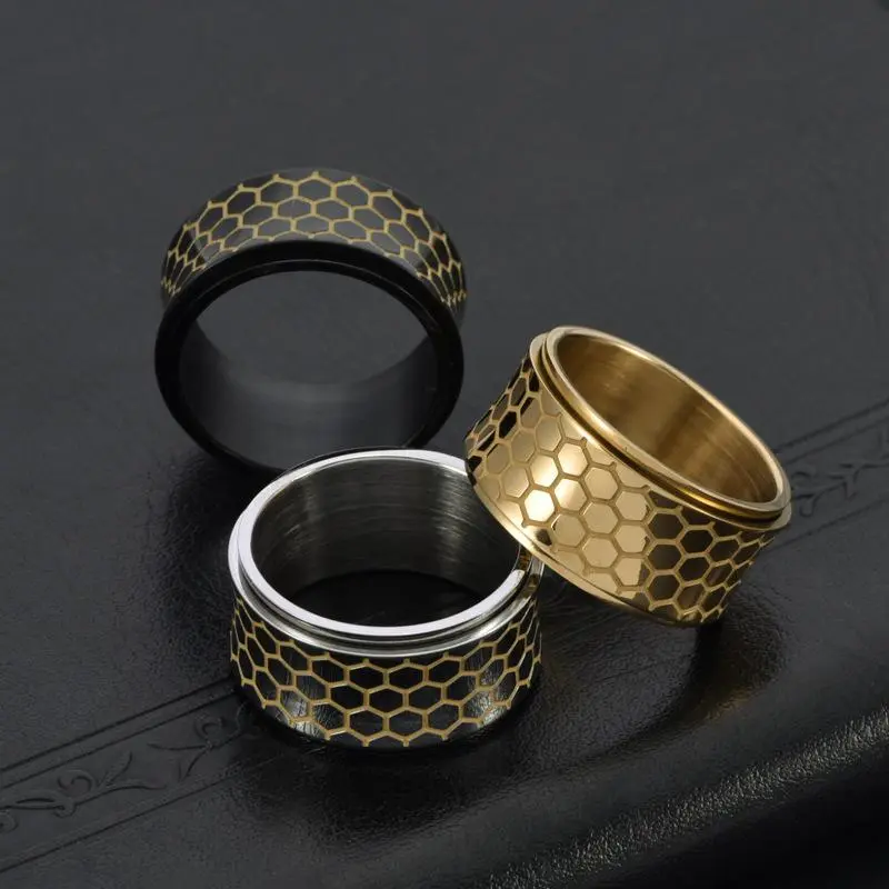Honeycomb Night Glow Rotating Ring Titanium Steel Atmosphere Men's Peonalized Ring Wearing Jewelry