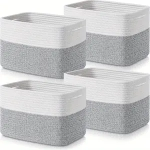 4-Piece Decorative Storage Baskets, Storage Basket Cube Dustbins - Woven Baskets for Storage, Cotton Rope Cube Storage Boxes, Household Clothing Boxes, Laundry Room