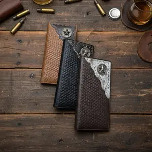 Lone Star Western Stakes Men's Long Wallet W Cowhair Basketweave Tooled Leather Concho Checkbook Style Brown Coffee Black