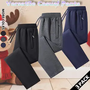 3 PACK Men's solid color straight sports pants, regular style casual and comfortable bottoms, large pockets and drawstring elastic waist design, suitable for daily wear, men's four seasons wear trousers