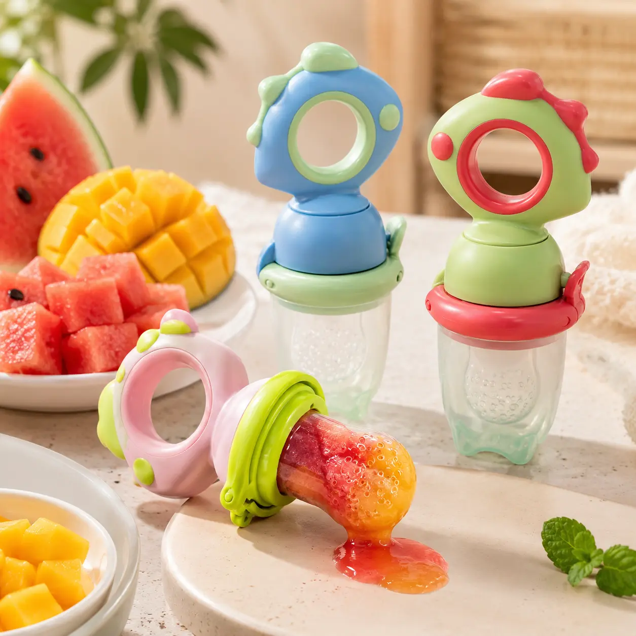 Cartoon Dinosaur-Shaped Silicone Pacifiers (1-3 Pack) - Safe Non-Toxic Baby Fruit Vegetable Feeder, Teether, Feeding & Weaning Baby Accessories