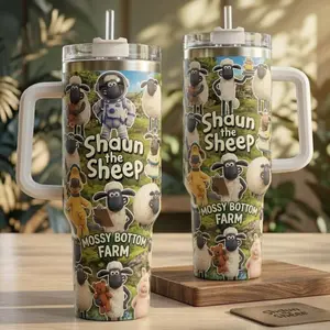 Funny Farm Sheep Cartoon Tumbler 20oz/40oz, Cute Wool Animal Insulated Cup with Handle & Straw, Kids Gift, Cozy Countryside Style Mug