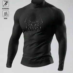Men's Compression Rash Guard, High Neck Long Sleeve, Spider Graphic, 4-Way Stretch, Quick Dry, Ideal for Fitness, Running, Riding, Gymwear