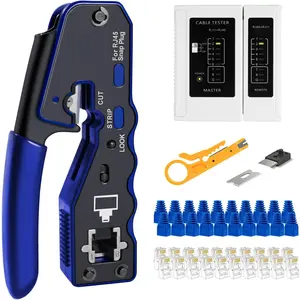 RJ45 Crimp Tool Kit, Pass Through Ethernet Crimper, Professional Ethernet Crimping Tool Kit, RJ45 Crimp Tool and Tester(9V  Not Included) All-In-One Kit for Cat5e Cat6 Cat6a 8P8C
