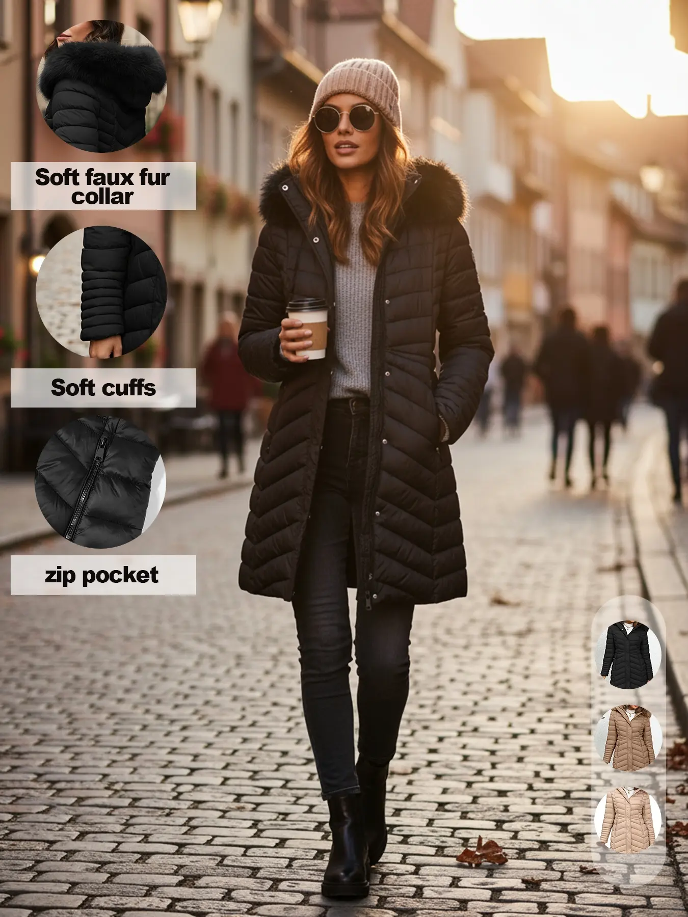 Women's Fall Winter Hooded Puffer Jacket, Zipper Pocket Design, Faux Fur Collar, Windproof Waterproof Warm Casual Wear