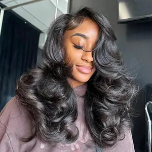 [Salon-Quality] Trendy Butterfly Cut Face- Framing Peacock Curls Pull Go 13x6 Full Glueless Lace Front Wig Pre-Styled Heavy Layers Cut Body Wave Natural hairline Human Hair 250% Density Wave Wig