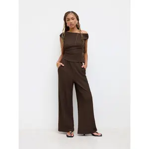 Cider Texture Asymmetrical Neck Ruched Top & Mid Rise Elastic Waist Straight Leg Trousers Set SwimWeek