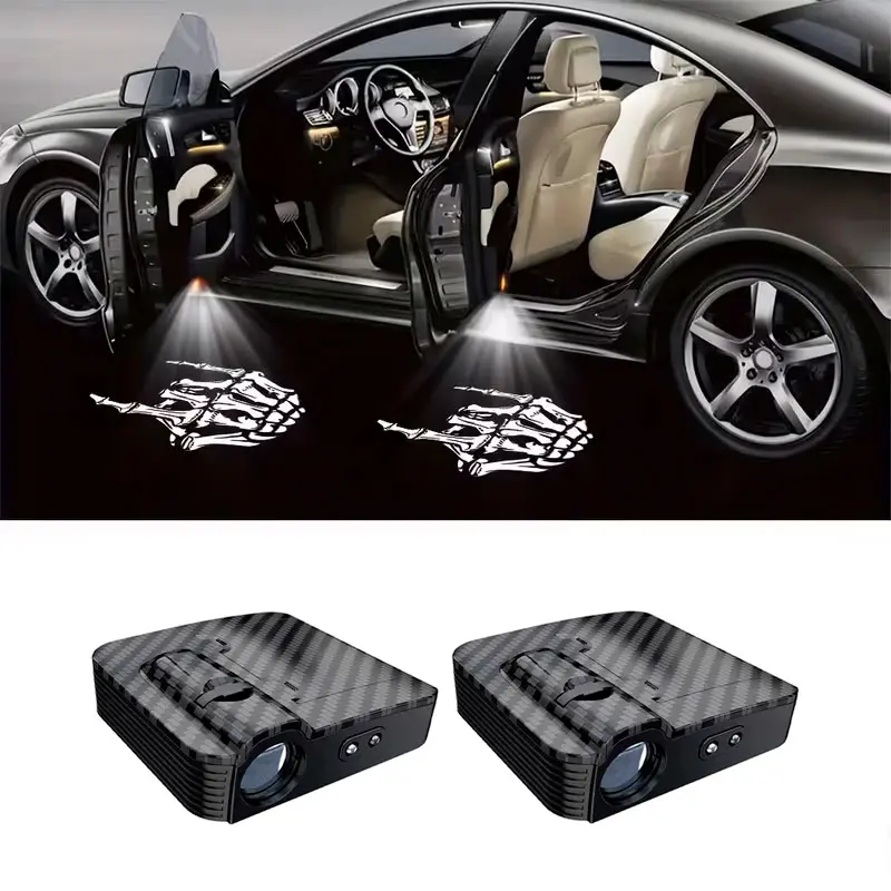 2-Pack engraving lights on car Human Skeleton Pose Door Welcoming Projection Lights – Compatible with all car brands’ LED lights, battery powered, easy installation, door decoration – White human finger LED door light