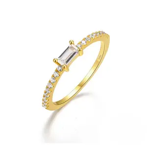18K Gold Plated 925 Silver Baguette Stone Rings, (White Crystal)