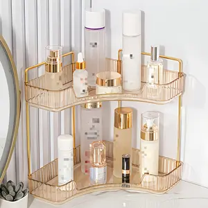 Plastic Corner Rack with Gold Metal Frame - Transparent Large Capacity Makeup Storage Boxes for Skin Care Products, Fragrances and Beauty Tools - Multifunctional Storage Boxes for Bathrooms, Bedrooms, Offices, Cosmetics Storage Boxes, Shelves, Organiser