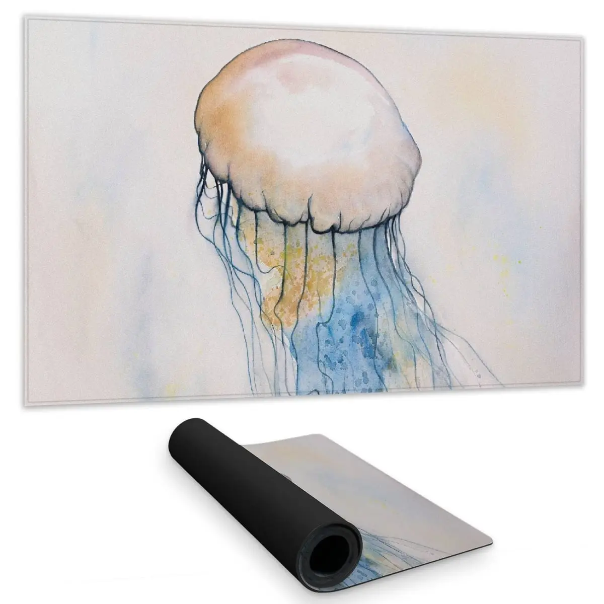 14x24 in Watercolor Painting Jellyfish Aquatic Scene Desk Mat, 360-Degree Stand, Anti-Slip Back, Smooth Surface, Blue Bedroom Home Decor Mat