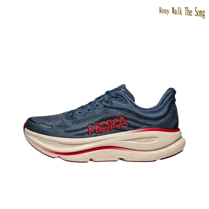 Navy Blue Breathable Knit Mesh Unisex Road Running Sneakers Bold Red Letter Print Cream Beige Thick Layered EVA Cushion Midsole Shock Absorbing Long Distance Training Athletic Shoes