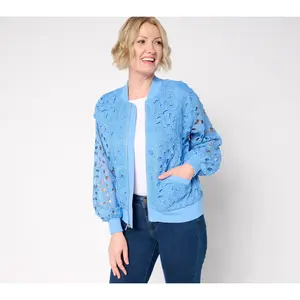Isaac Mizrahi Live! Zip Front Lace Bomber Jacket with Pockets
