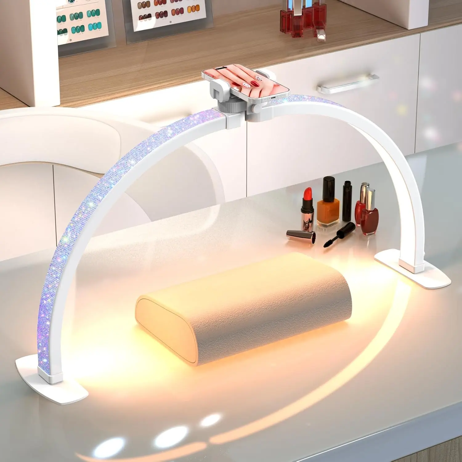 Professional Large Half Moon Light for Nail Desk with Phone Holder, 29" Arch Light for Nail Techs Nail Desk Lamp for Manicure Table, Salon, Nail Tech Lamp with Rhinestone-Encrusted for Gifts for Women(White, Large)