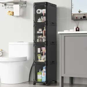 BROVIEW N9 3-Tier/4-Tier Slim Bathroom Storage Cabinet, Foldable Narrow Bathroom Cabinet Organizer for Small Spaces, Adjustable Fridge & Vanity Gap Storage, Easy Move